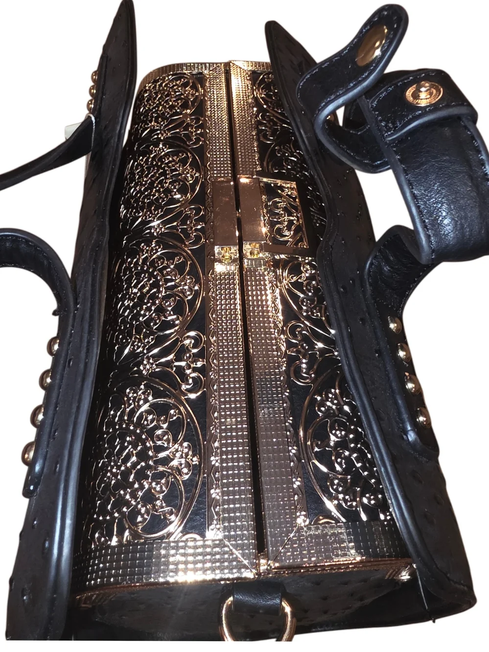 Brand New - Black Exotic Satchel with BEAUTIFUL Gold Embossed Inner Structure